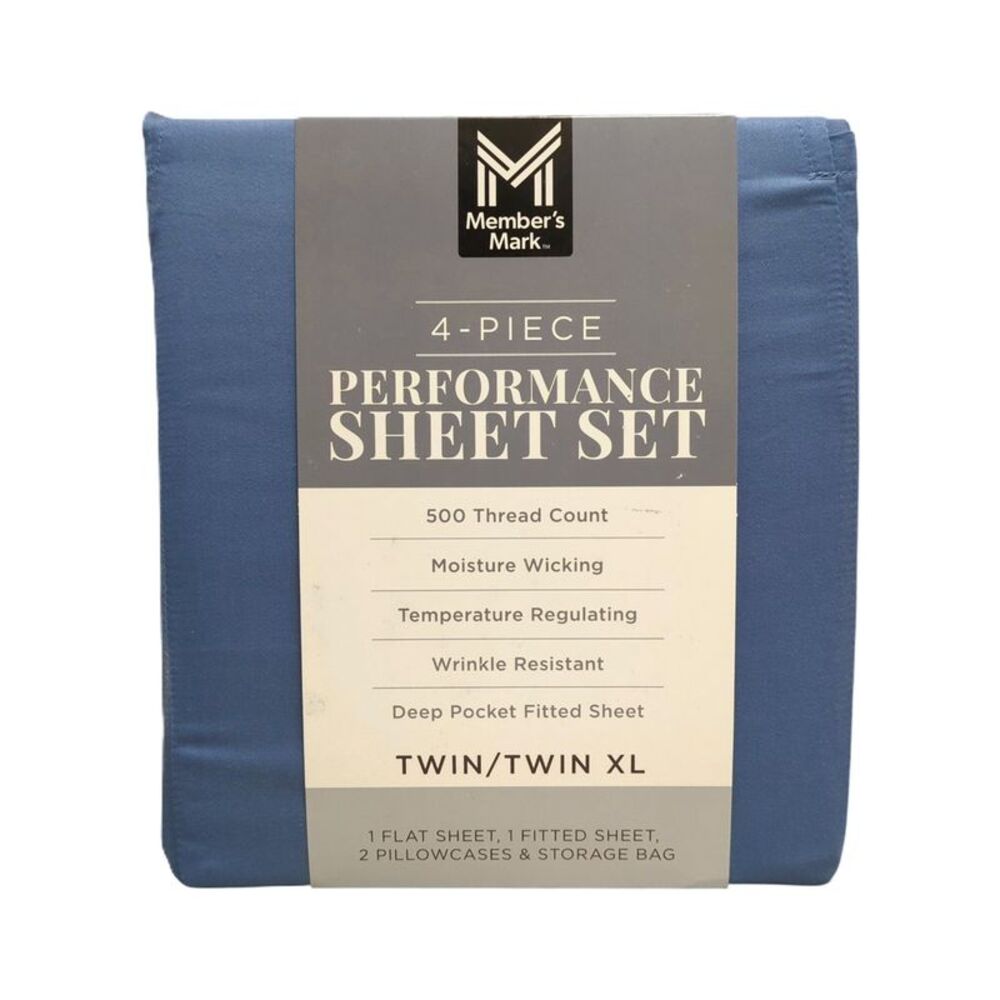 Indigo - Member's Mark 500 Thread Count, 4 Piece Performance Sheet Set, Twin/Twi